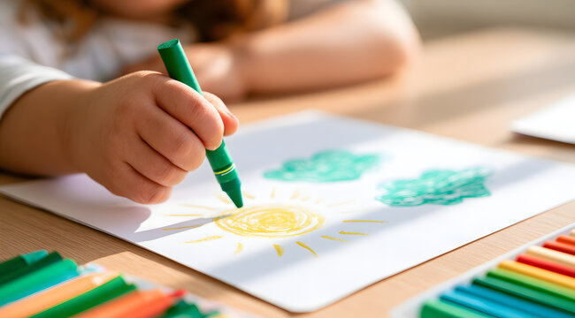 A detailed view of a small child's hand using a green wax crayon on a piece of white paper. The youngster creates a vivid sun and fluffy clouds with their art supplies. This creative preschooler is ho