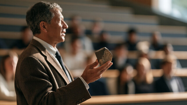 Close-up of a geology professor's weathered hands holding a cross-sectioned rock core sample up toward attentive students seated in a sloped lecture hall during an earth sciences