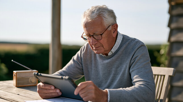A retiree seated under a dramatic overcast sky at an outdoor table attempts to decode a cryptocurrency exchange interface on a ruggedized tablet, a small radio playing in the