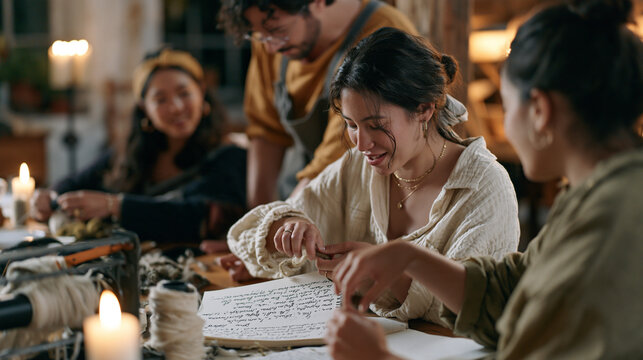 Spinning yarn artisans from a multicultural cooperative unpack a new drum carder with visible excitement in a candlelit workshop, a handwritten notebook page of fiber blend