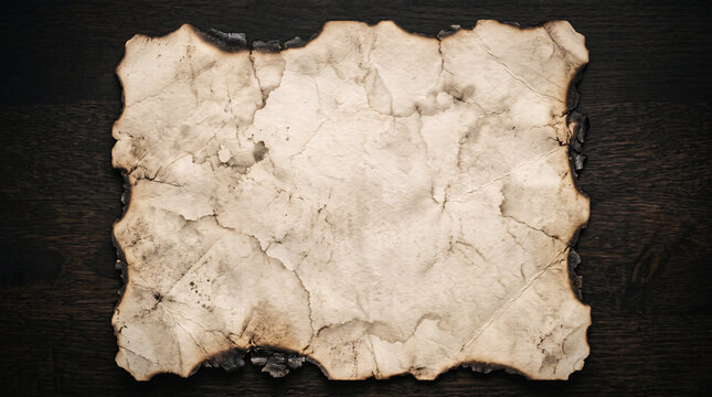 Papier ancien br&ucirc;l&eacute; sur une surface en bois sombre