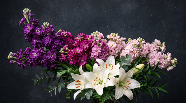 Bouquet color&eacute; de lys blancs et fleurs violettes et roses