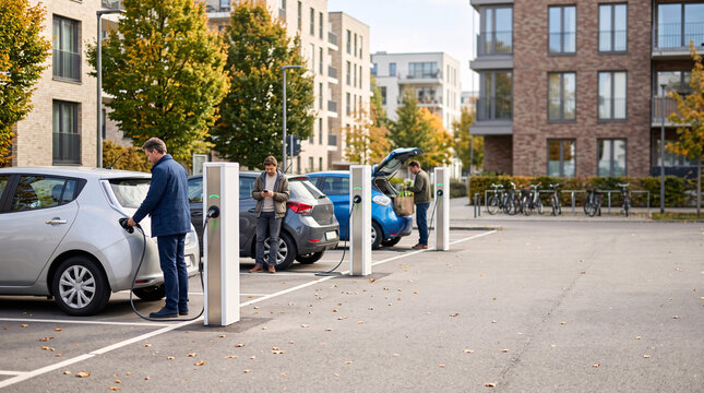 Personnes rechargeant des voitures &eacute;lectriques sur un parking