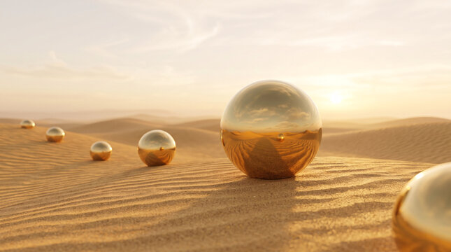 Sph&egrave;res dor&eacute;es brillantes sur des dunes de sable