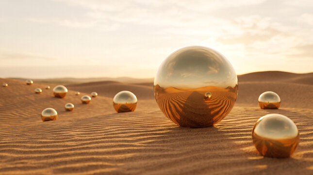 Sph&egrave;res dor&eacute;es r&eacute;fl&eacute;chissantes sur des dunes au coucher du soleil