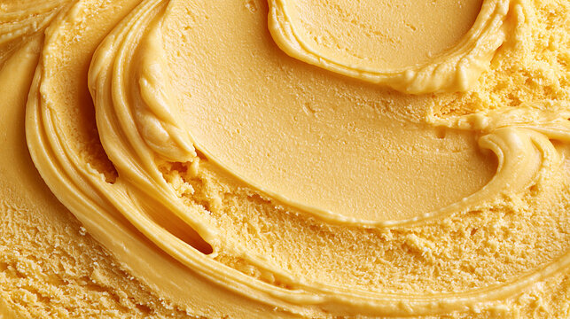 Creamy yellow ice cream texture with smooth swirls and frozen peaks. Delicious dessert background for food branding and culinary projects.