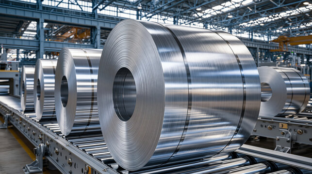 Large steel coils sit on conveyor rollers inside a manufacturing warehouse. This industrial production image is great for heavy manufacturing concepts.