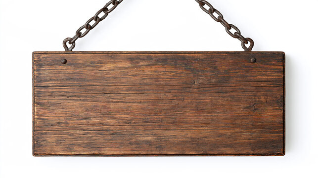 Rustic wooden sign hanging from rusty chains isolated on white background. Perfect background template for custom text and vintage business announcements.