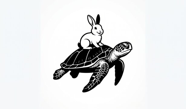 Rabbit Sitting on Sea Turtle Black and White Animal Friendship Vector
