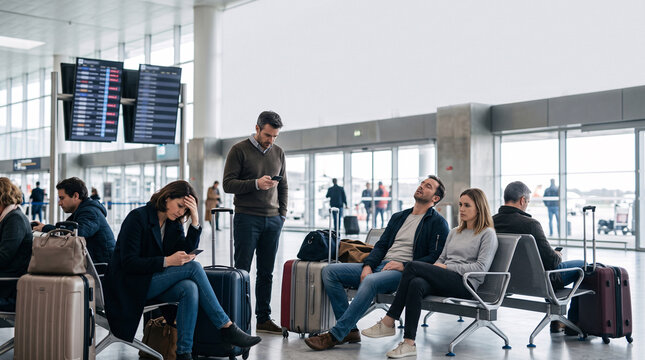 Voyageurs attendant &agrave; l&rsquo;a&eacute;roport avec leurs bagages