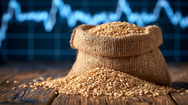 Burlap sack filled with golden wheat grains on a rustic wooden table with financial graphs background. Food supply concept for commodity market trade ads.