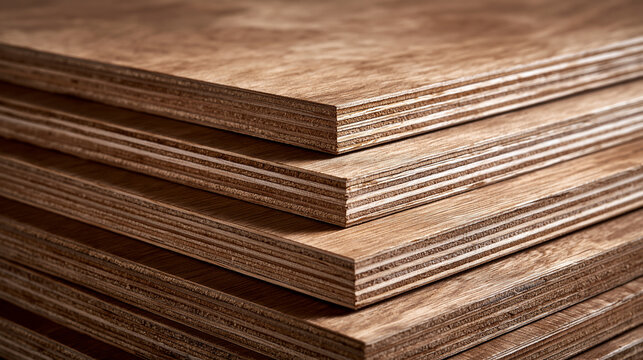 Stacked layers of raw plywood boards show detailed wood grain under natural light. Ideal for construction material and architectural design resources.