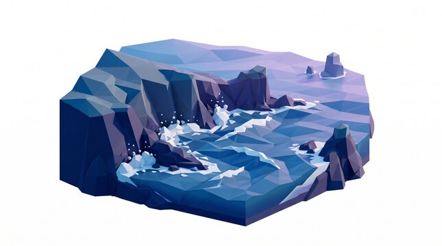Low Poly Coastal Landscape with Crashing Waves and Rocky Shoreline