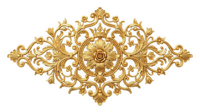 Gold vintage baroque ornament decorative architectural moulding with crown isolated on transparent background
