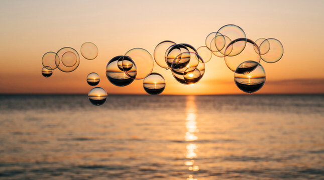 Bulles de savon flottant au-dessus de l&rsquo;oc&eacute;an au coucher du soleil