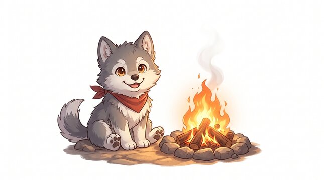 Cute cartoon wolf puppy sitting by a campfire wearing a red bandana