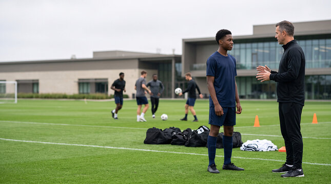 Entra&icirc;neur de football donnant des consignes &agrave; un jeune joueur