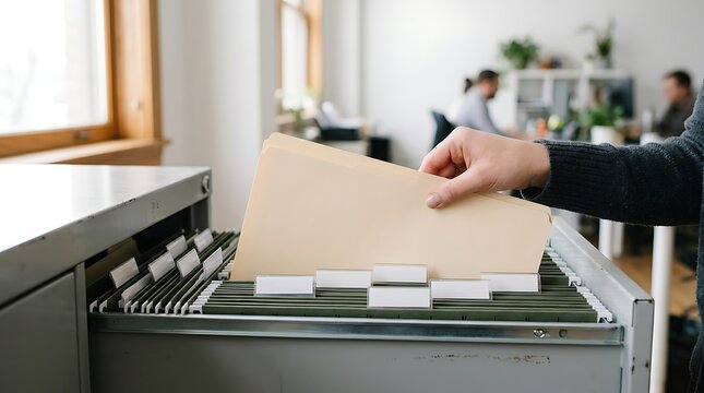 Hand placing manila folders into a filing cabinet in a modern office environment