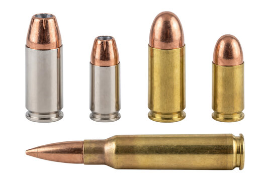 Assorted ammunition cartridges including various caliber handgun rounds and a rifle round