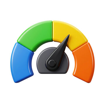 3D speedometer gauge chart icon with colorful performance levels for KPI dashboard and risk assessment