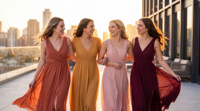 Four joyful young women in flowing maxi dresses walking arm in arm on city rooftop terrace at sunset.