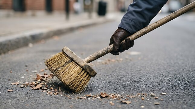 Person sweeping leaves and debris from asphalt street with a broom
