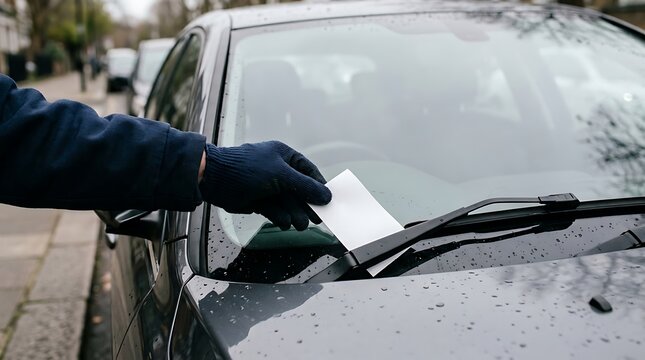 Gloved hand places parking ticket on car windshield on a rainy day