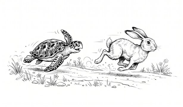 Sea Turtle and Rabbit Running Together Black and White Vector Illustration