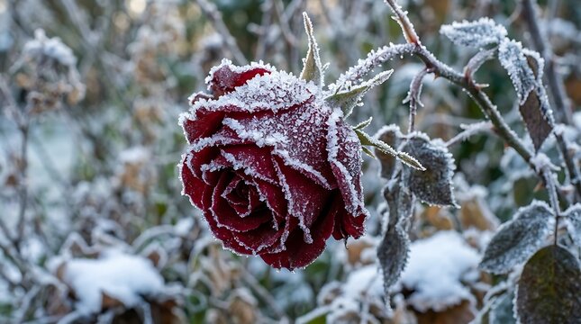 Frozen red rose covered in frost and snow during a cold winter day