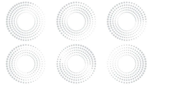 A set of six abstract circular halftone patterns, arranged in a 2x3 grid, creating a minimalist and modern graphic design element with a sense of radial symmetry and digital texture.
