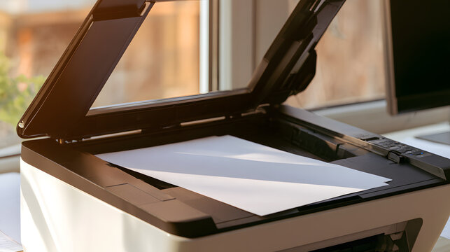 A document scanner machine ready for office use, with a blank white sheet of paper prepared for copying or digitizing business documents, is ready