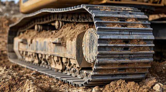 A heavy excavator caterpillar track covered in mud on a construction site. Heavy machinery and earthmoving equipment concepts.