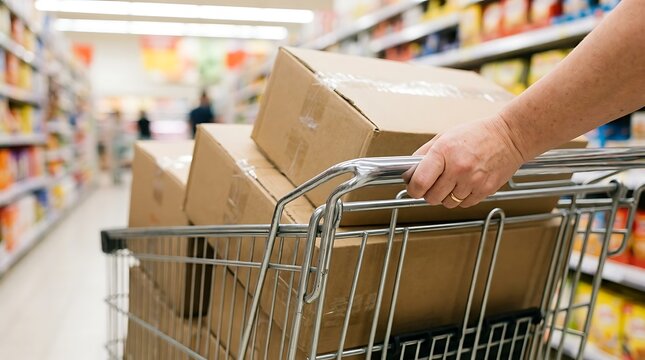 Person pushing a shopping cart filled with cardboard boxes down a supermarket aisle