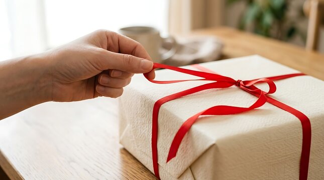 Hand tying a red ribbon on a gift box with textured wrapping paper