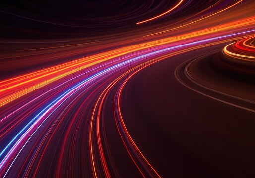 A vibrant abstract background displaying dynamic curved light streaks, illustrating speed, motion, and the invisible flow of kinetic energy ,energy ,velocity ,template