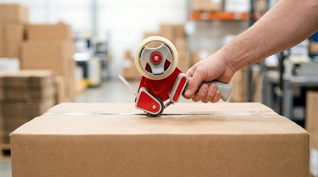 Warehouse worker sealing a cardboard box with packing tape dispenser