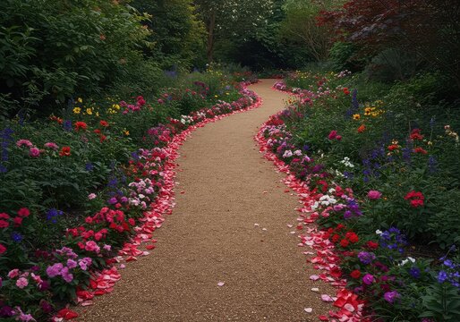 A winding garden path lined with vibrant flower arrangements and scattered petals, symbolizing a romantic journey or discovery ,peaceful ,floral path ,sunlight