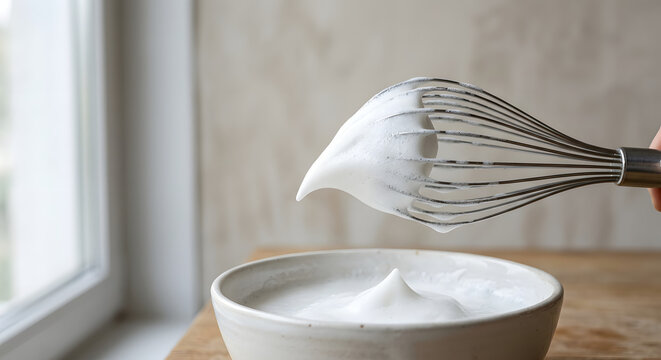 Aquafaba foam forming a firm peak on a whisk
