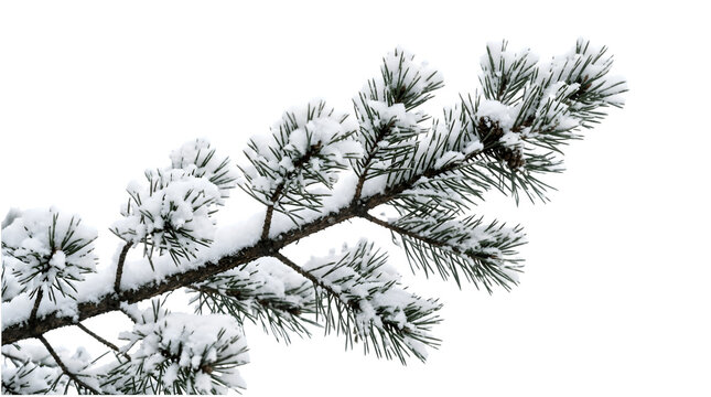 Snow covered pine branch winter season isolated on transparent background