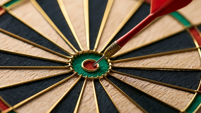 A red dart hitting the bullseye on a wooden dartboard under warm lighting. Perfect concept image for business goals and achieving success.