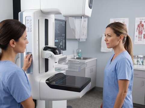 Medical professional performing a mammogram screening procedure on a patient in a modern clinical radiology office