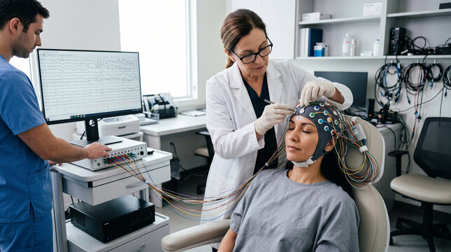 Medical professional conducting an EEG brain wave examination for a patient in a modern clinical diagnostic office