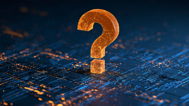 Glowing digital question mark standing on a futuristic circuit board. Perfect for technology, FAQ, and problem solving concepts.