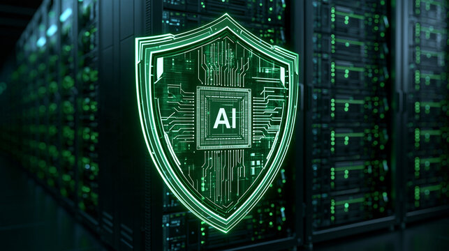 Glowing green digital security shield with artificial intelligence chip floats inside a server room. Cybersecurity concept for data protection and cloud computing.