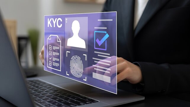 Person in suit interacting with a transparent digital screen displaying k y c verification including fingerprint and checklist