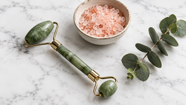 Relaxing spa and skincare flat lay on a marble surface featuring a green jade facial roller, a ceramic bowl of pink bath salt, and fresh eucalyptus leaves.