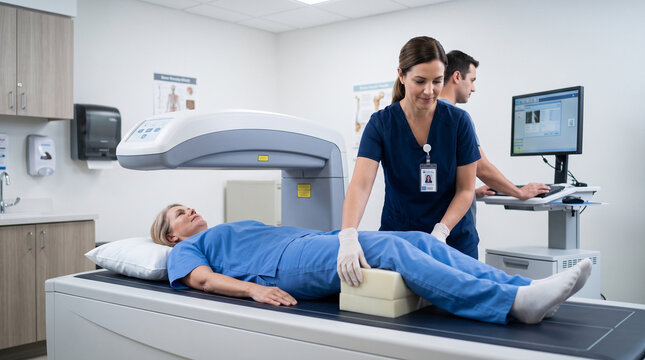 Female Patient Receiving Bone Density Scan in a Professional Clinical Imaging Medical Facility
