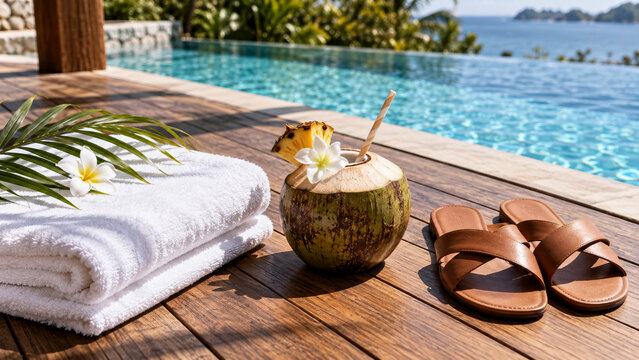 Luxurious resort pool deck setting featuring folded white towels with tropical palm leaves and frangipani flowers, a fresh coconut drink, and leather sandals.