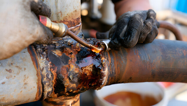 A maintenance worker in gloves examines severe corrosion on an aged industrial pipe joint for infrastructure inspection, ensuring equipment safety, planning repairs, and facilitating preventive mainte