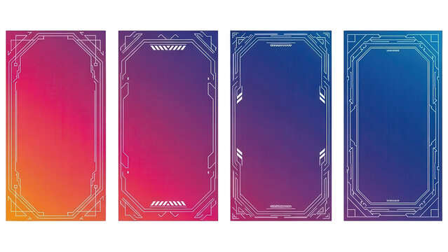 Art Deco vertical frames set, geometric border templates for social media stories, elegant vintage line art backgrounds with vibrant gradients